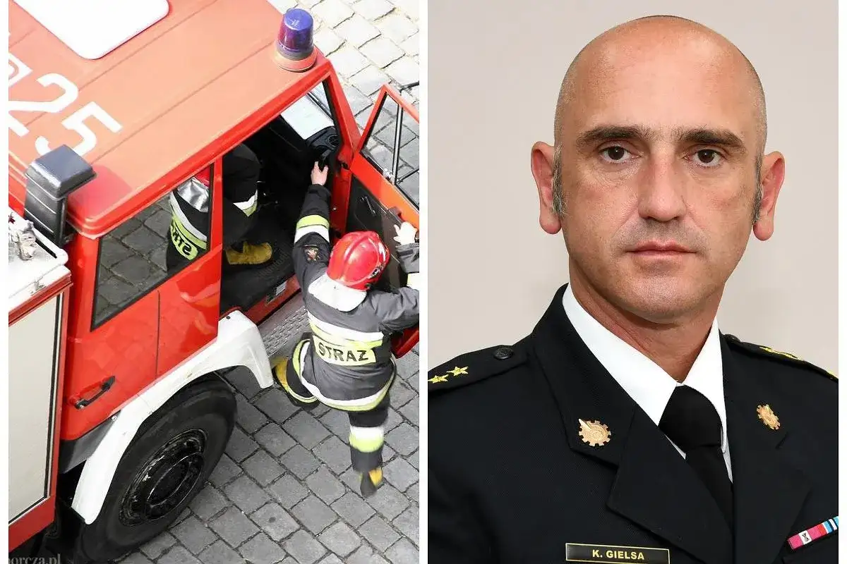 Brygadier K. Gielsa w mundurze, obok niego strażak wsiada do wozu strażackiego.