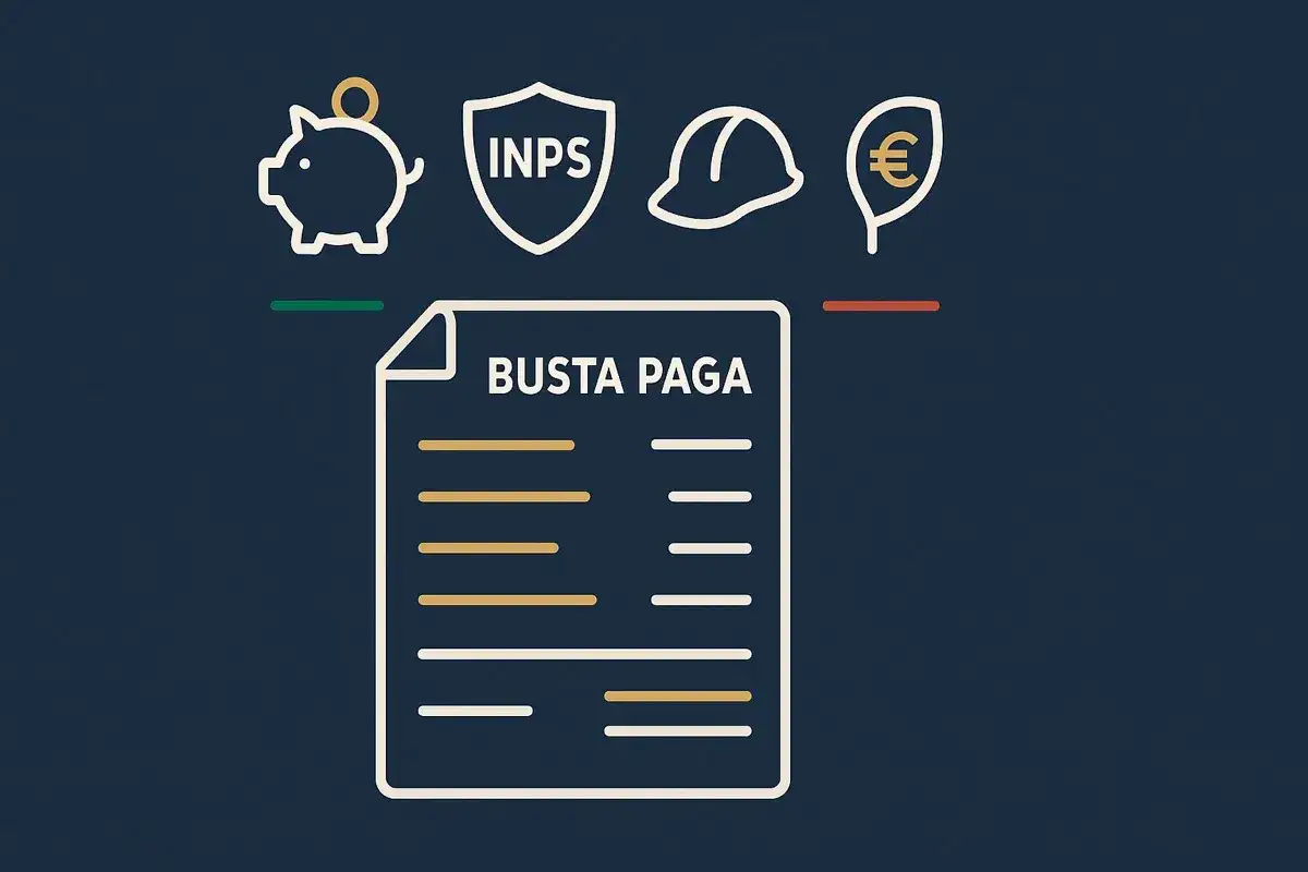 Busta paga con icone: salvadanaio, scudo INPS, casco, euro. Rappresenta la tabella costo aziendale dipendente.
