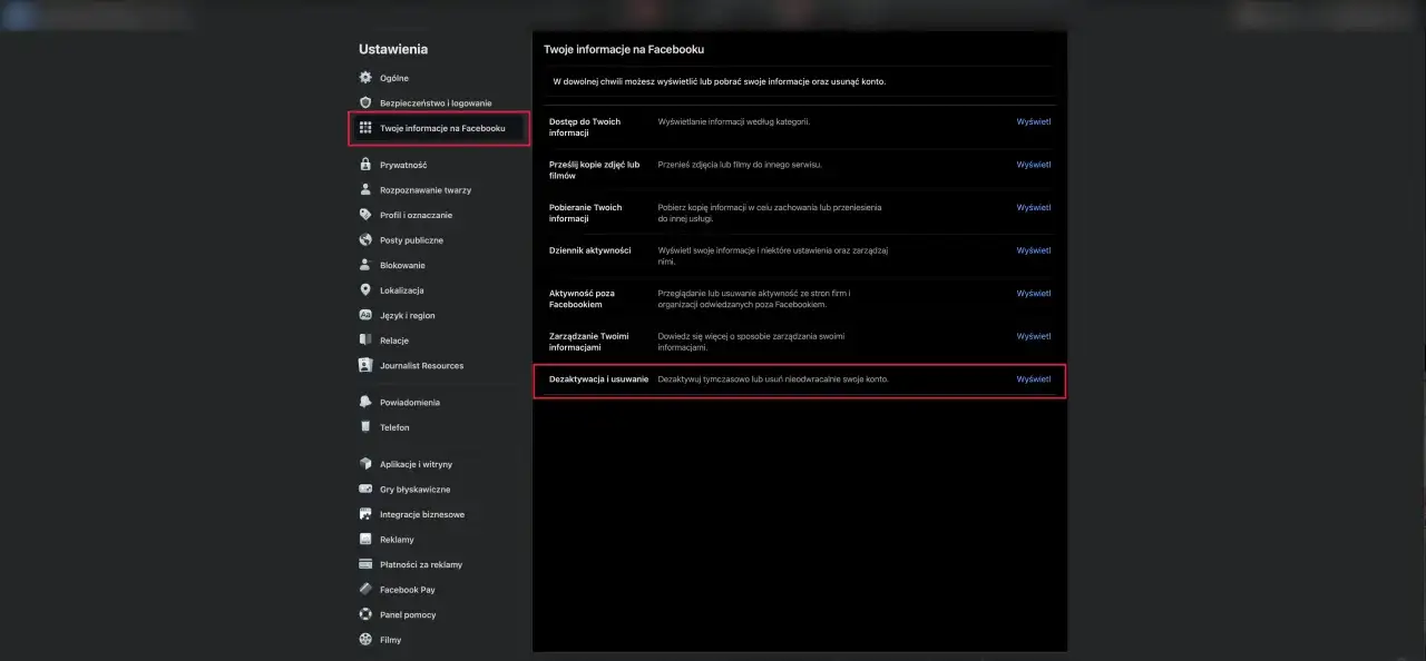 Ustawienia Facebooka: "Twoje informacje na Facebooku" > "Dezaktywacja i usuwanie". Tu dowiesz się, jak usunąć konto Messenger z telefonu.