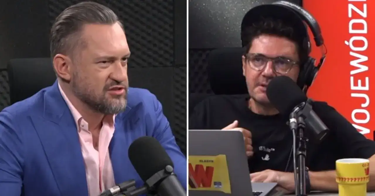 Szokujące fakty o tym ile kawy dziennie piją polskie gwiazdy telewizji. Dwóch mężczyzn w studiu radiowym, jeden w niebieskiej marynarce, drugi w czarnej koszulce.