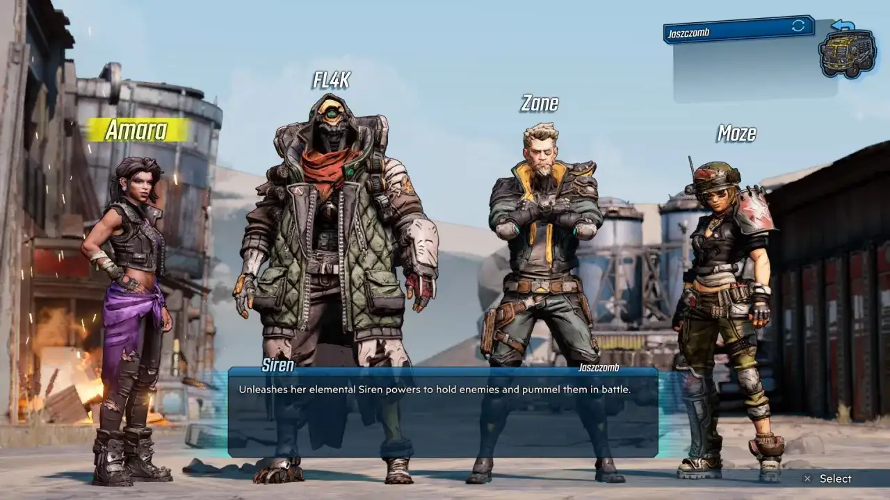 Amara, FL4K, Zane i Moze – znani bohaterowie Borderlands 3 stoją gotowi do walki.