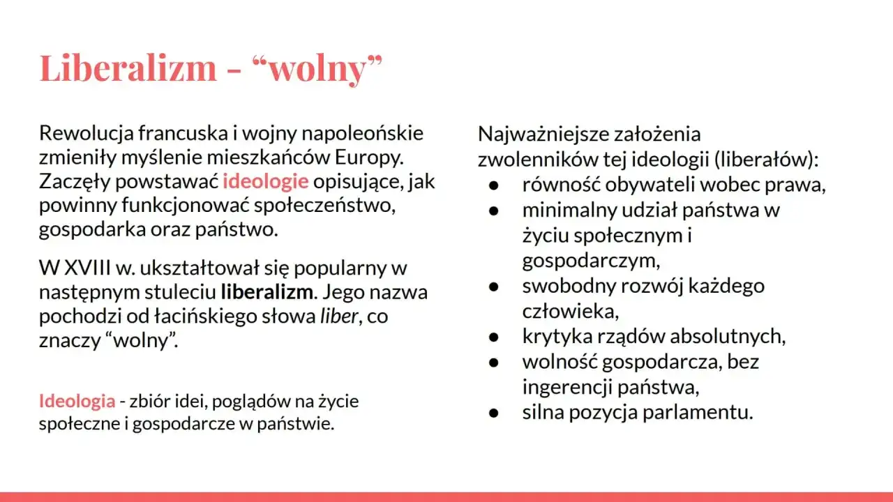 Liberalizm, czyli wolność, to ideologia z XVIII w. promująca równość, swobodny rozwój człowieka i wolność gospodarczą.