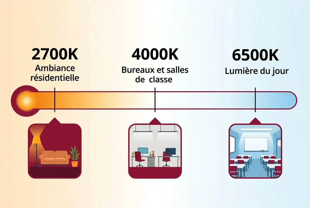 Échelle de température de couleur pour lampe LED : 2700K (ambiance résidentielle), 4000K (bureaux/salles de classe), 6500K (lumière du jour).