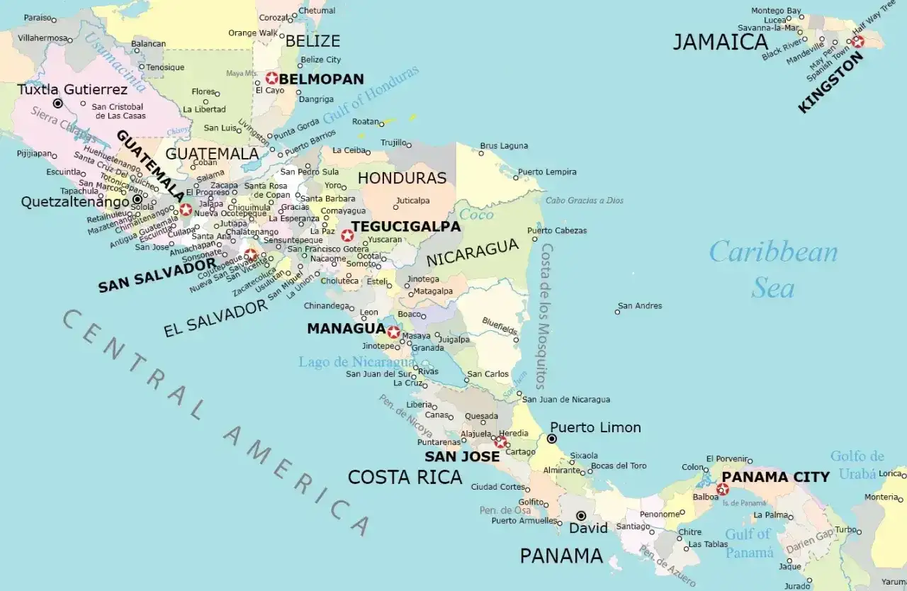 Gdzie leży Belize? Na mapie widoczna jest Ameryka Środkowa z zaznaczonymi krajami, w tym Belize, położonym między Meksykiem a Gwatemalą.