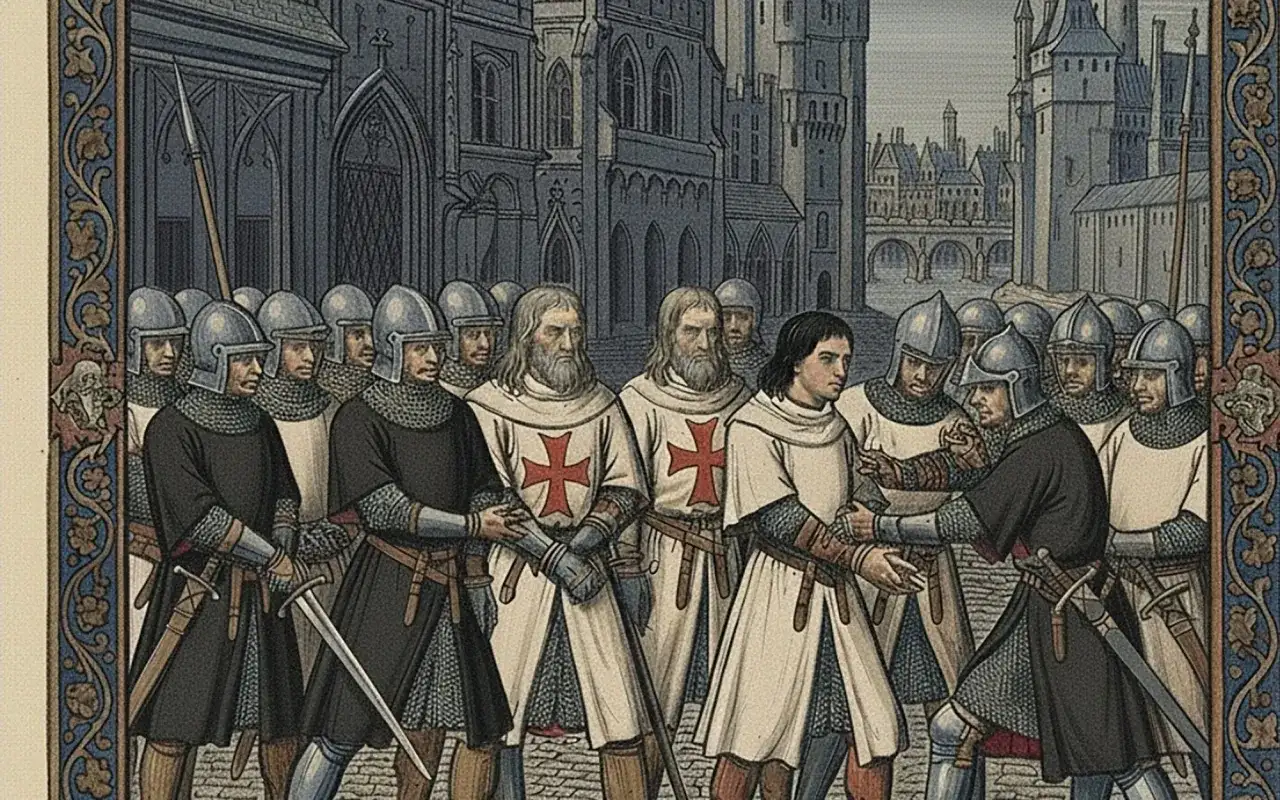 Rycerze templariusze w białych płaszczach z krzyżami i w zbrojach, stojący przed katedrą.