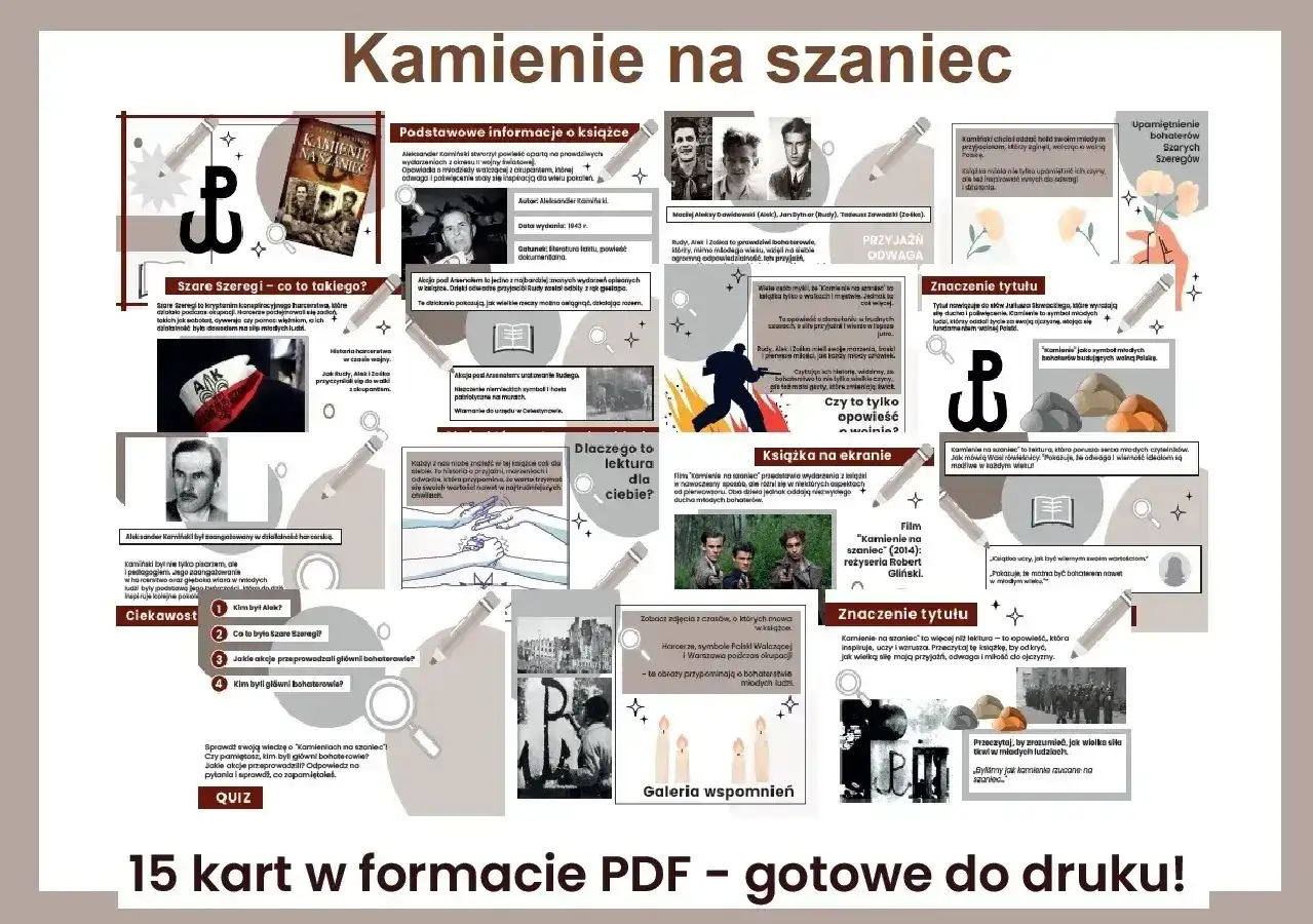 Kamienie na szaniec" to gatunek literacki: powieść dokumentalna. Opowiada o młodych bohaterach, ich przyjaźni i odwadze.