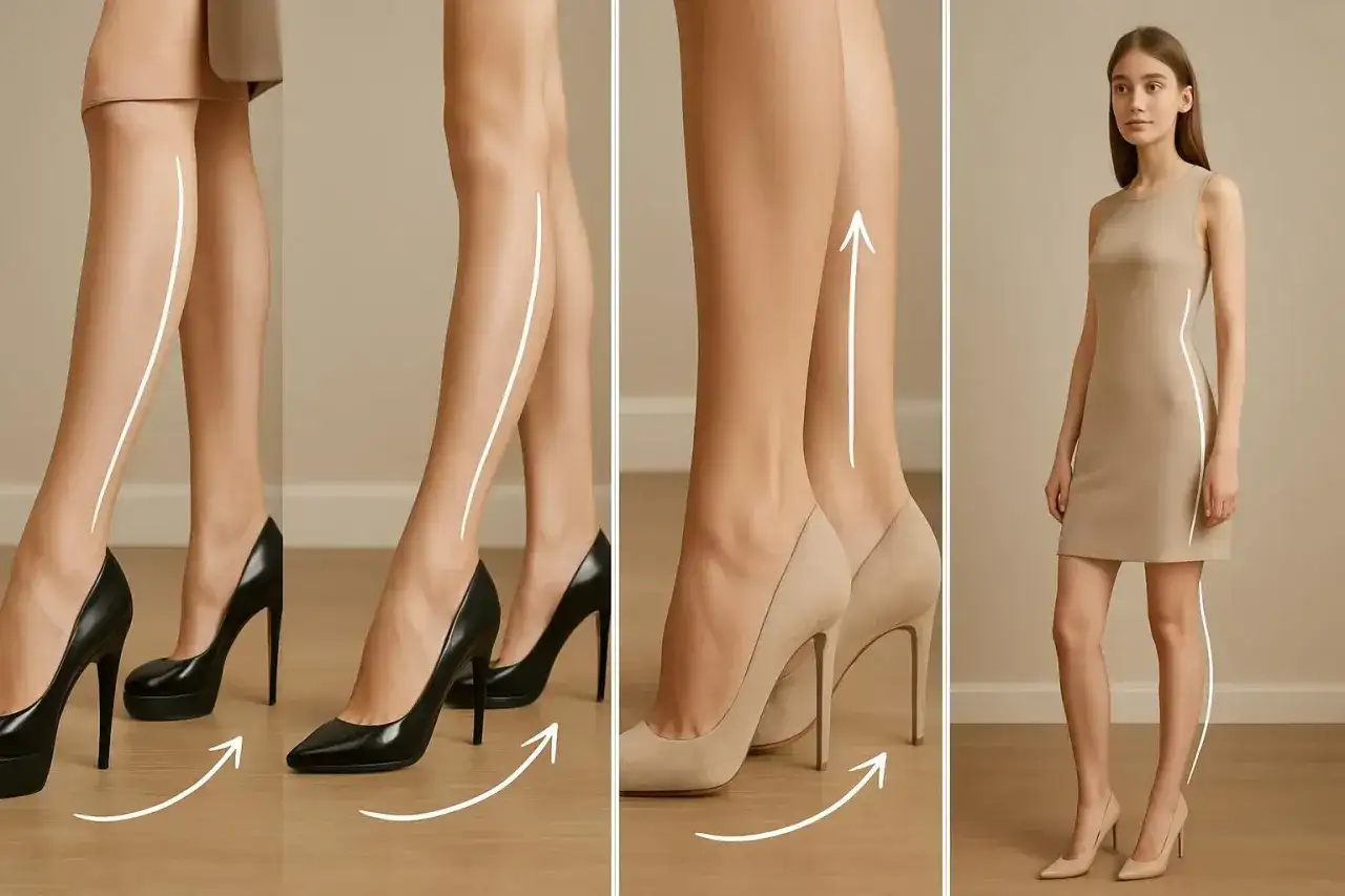 Eleganckie damskie buty na szerokich obcasach podkreślają linię nóg. Modelka w beżowej sukience prezentuje efekt.