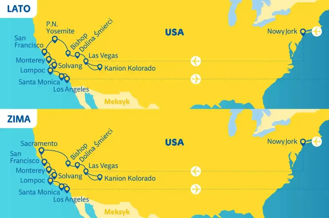 Trasy podróży po USA latem i zimą, od wybrzeża do Nowego Jorku. Zastanawiasz się, ile kosztuje bilet do USA w dwie strony?