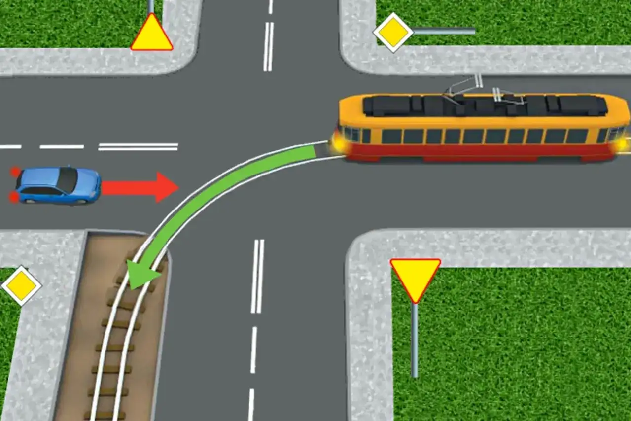 Niebieski samochód musi ustąpić pierwszeństwa tramwajowi, który ma pierwszeństwo na skrzyżowaniu. Zielona linia pokazuje tor jazdy tramwaju.