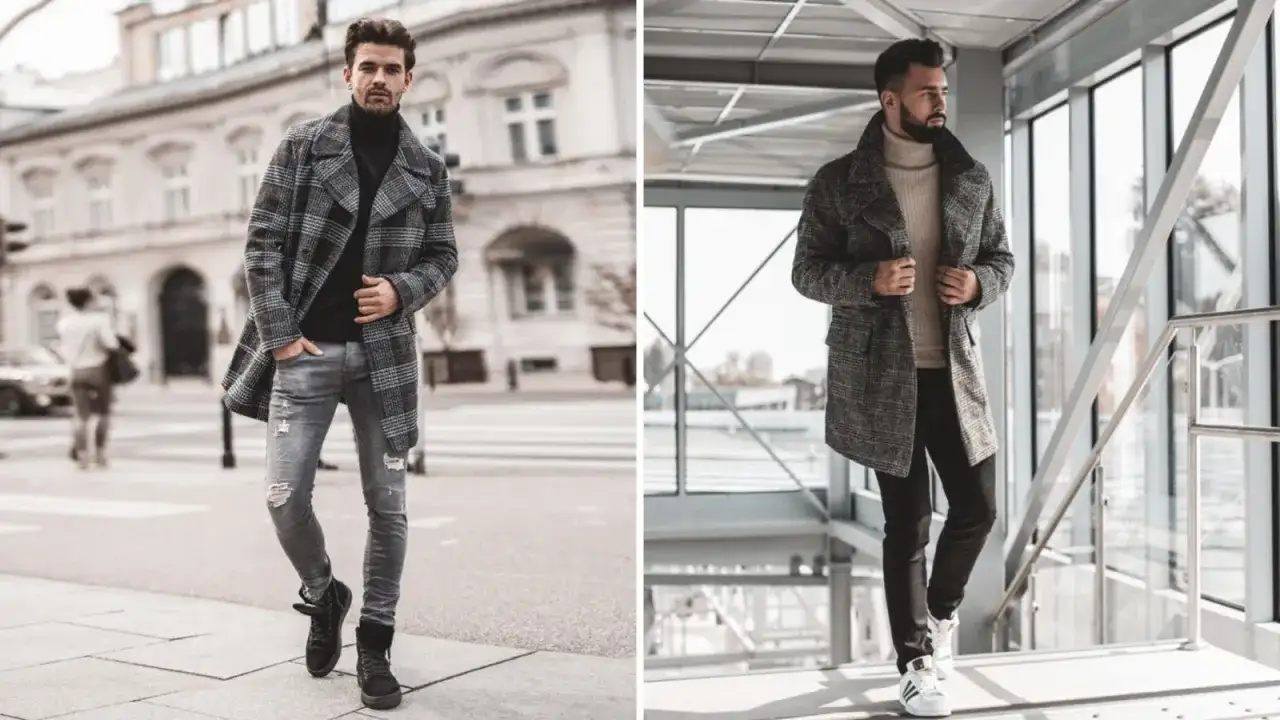 Męskie stylizacje z płaszczem: jakie buty do płaszcza męskiego? Zobacz inspiracje z czarnymi botkami i białymi sneakersami.