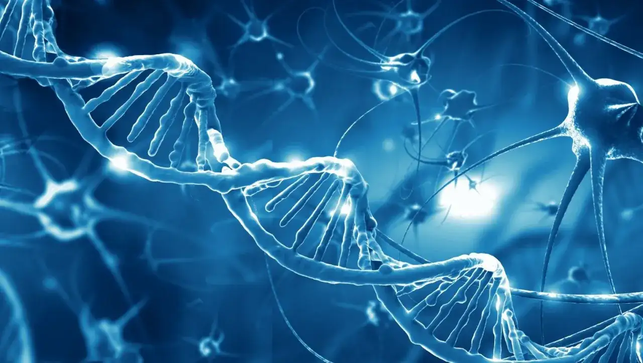 Błękitna, świecąca helisa DNA i neurony. Obraz symbolizuje badania nad chorobą Taya Sachsa i jej genetycznymi przyczynami.