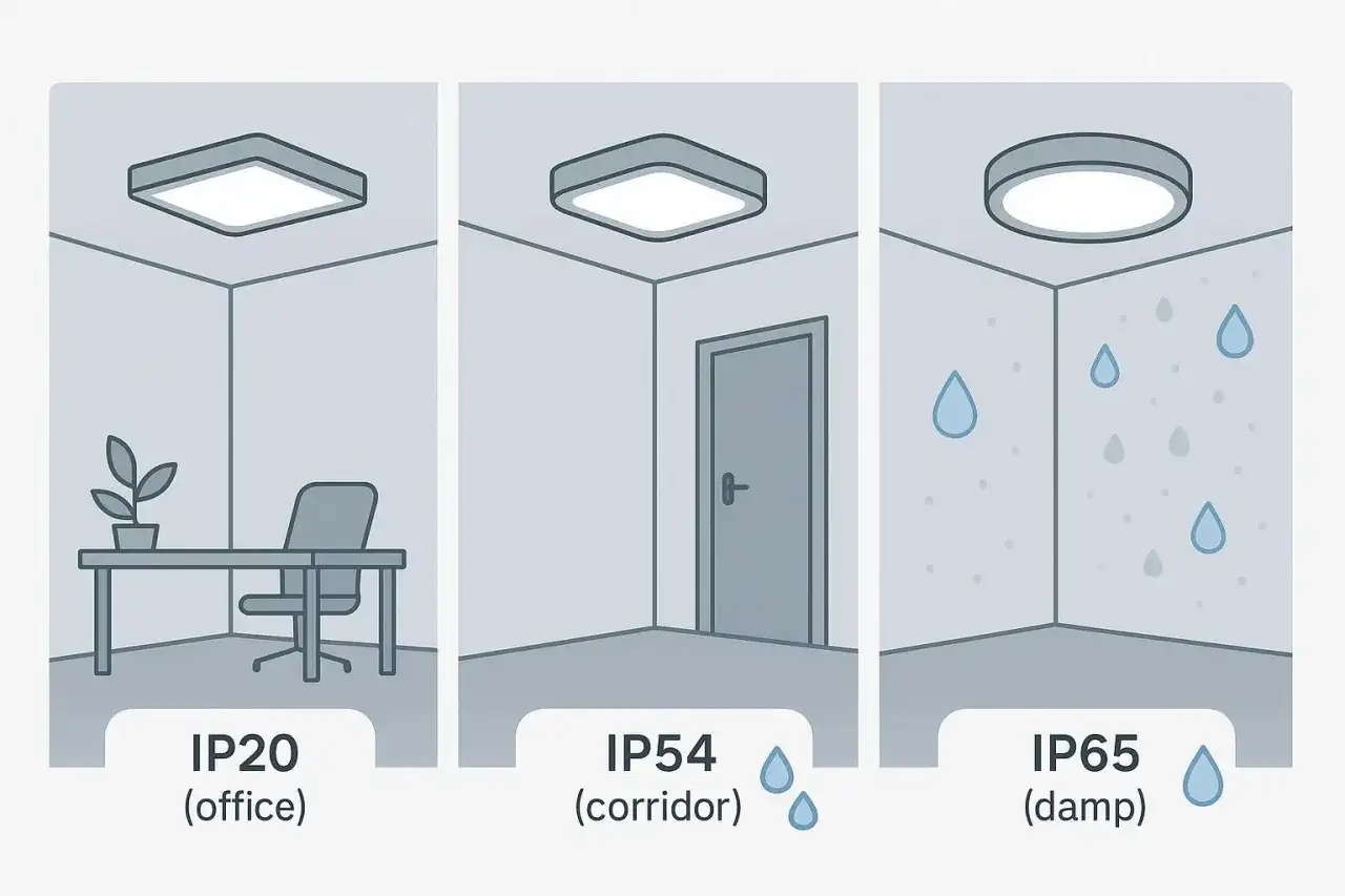 Trzy lampy sufitowe: IP20 w biurze, IP54 w korytarzu, IP65 w wilgotnym pomieszczeniu.