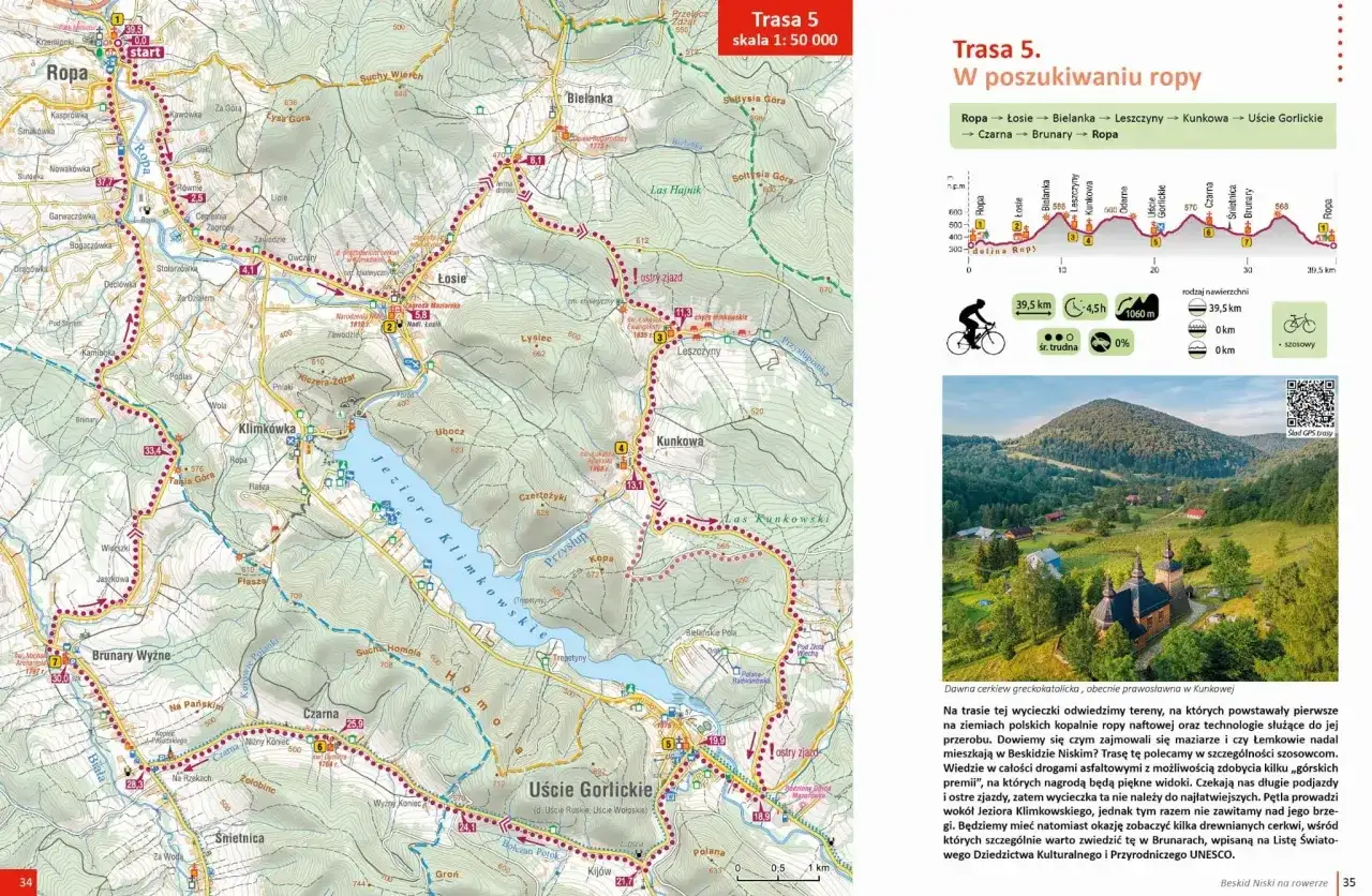Trasa rowerowa przez Beskid Niski. Mapa szlaku "W poszukiwaniu ropy" z zaznaczonymi miejscowościami, profil trasy i zdjęcie cerkwi w Kunkowej.