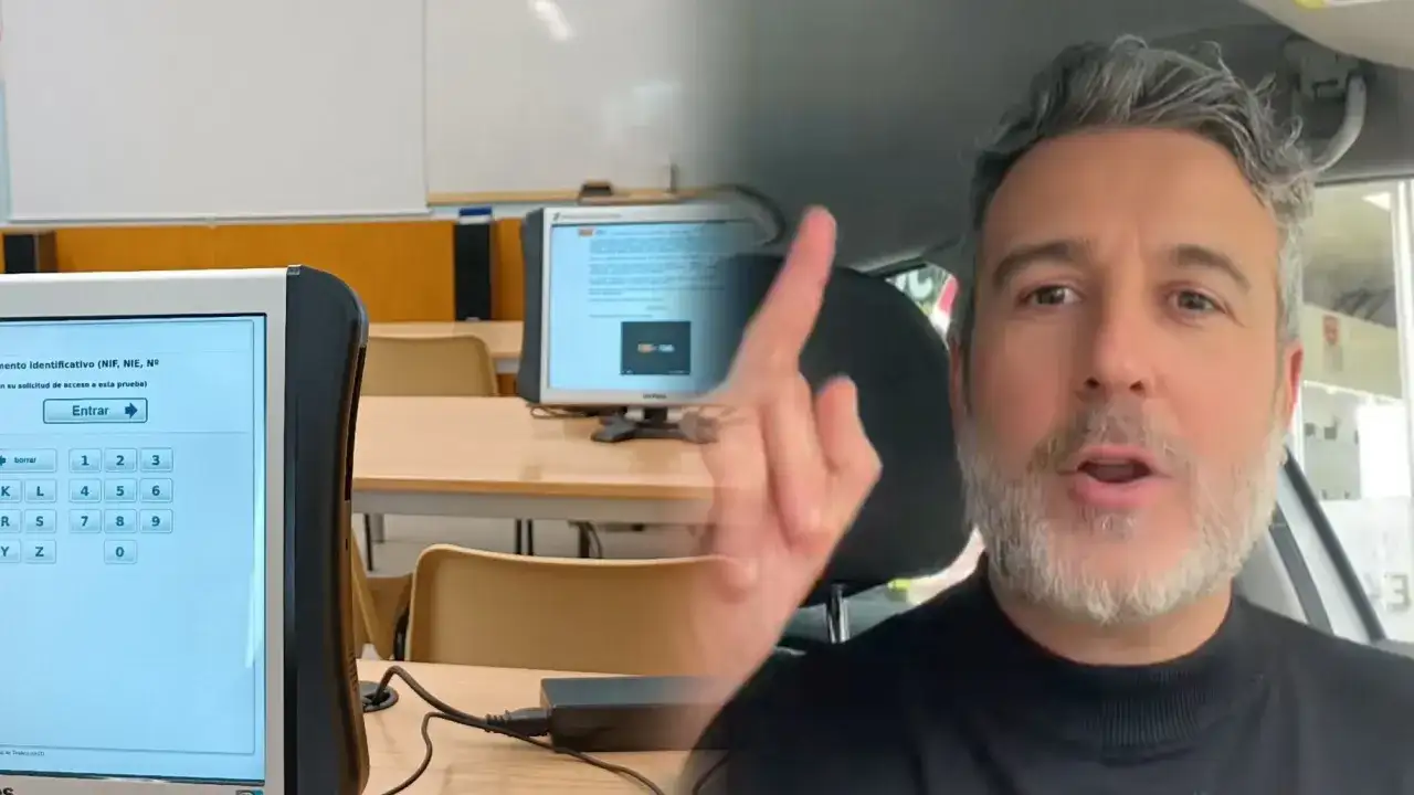 El profesor de la autoescuela sabe si has aprobado. Un hombre con barba gris habla a cámara, con un examen en pantalla al fondo.
