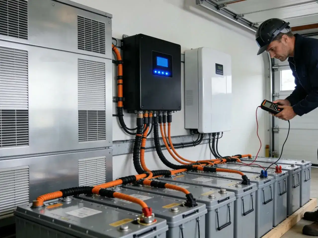 Instalacja magazynu energii 10kW. Technik sprawdza połączenia baterii z falownikiem. Sprawdź magazyn energii 10kw cena.