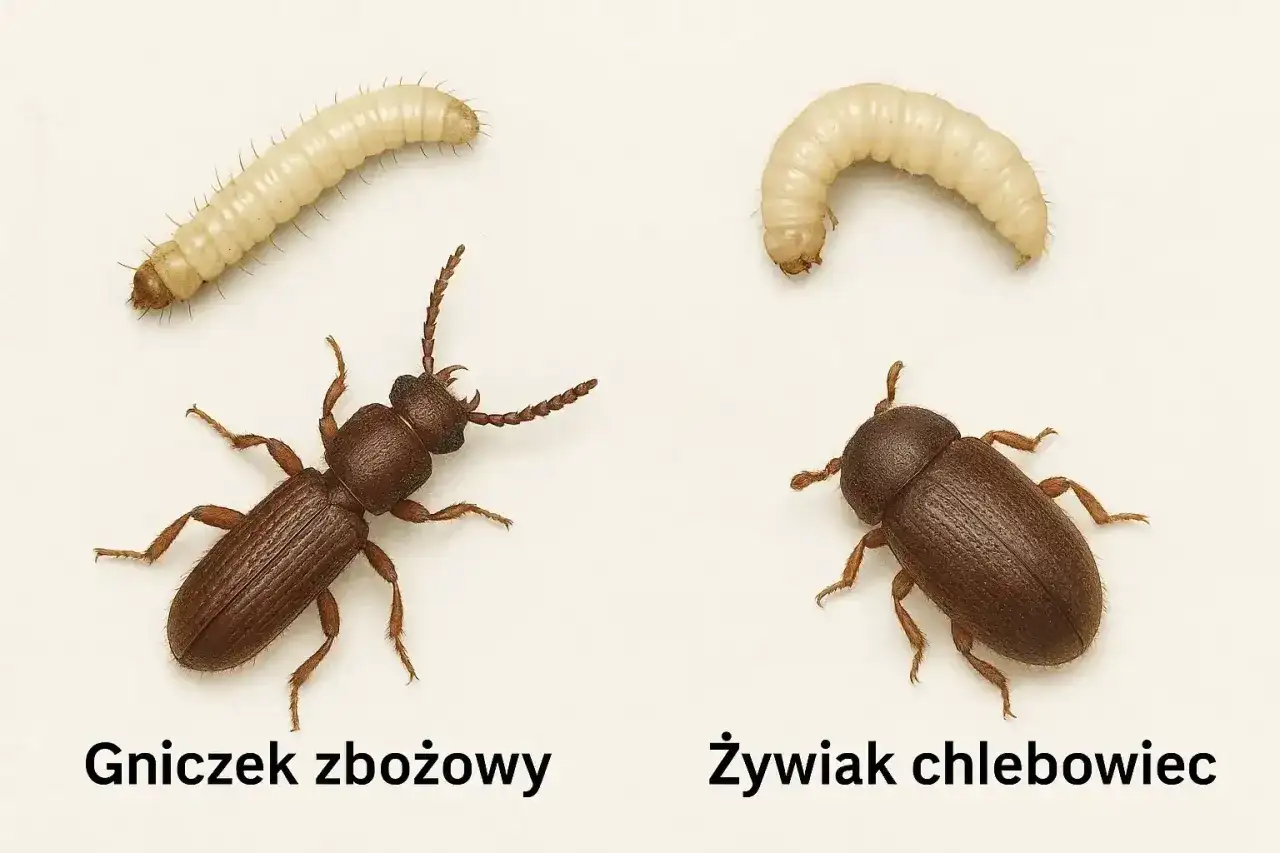 Dwa małe robaczki: larwa i dorosły żywiak chlebowiec obok gniczka zbożowego.