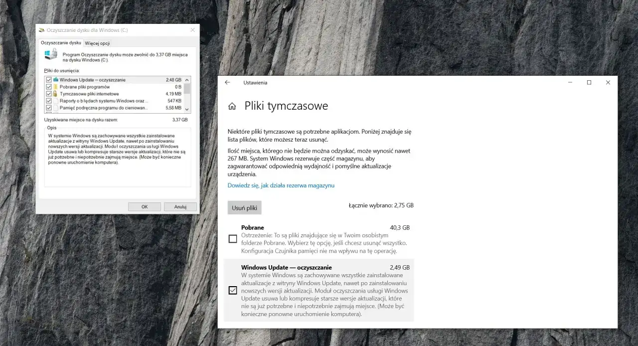 Oczyszczanie dysku Windows: usuń niepotrzebne pliki, jak zwolnić miejsce na dysku. Widoczne okno "Oczyszczanie dysku" i "Pliki tymczasowe".