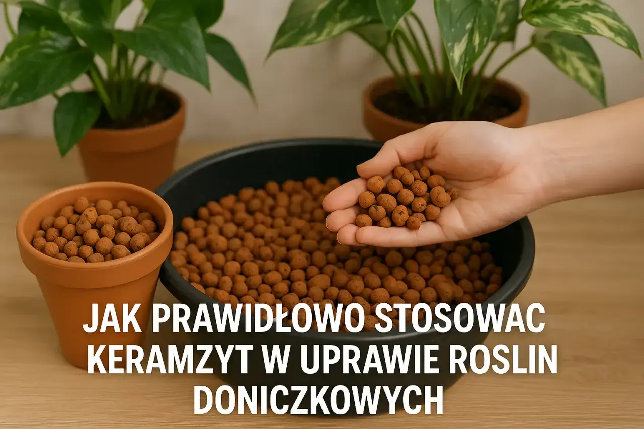 Dłoń trzyma keramzyt, pokazując, ile go potrzeba do doniczki. W tle rośliny w doniczkach.