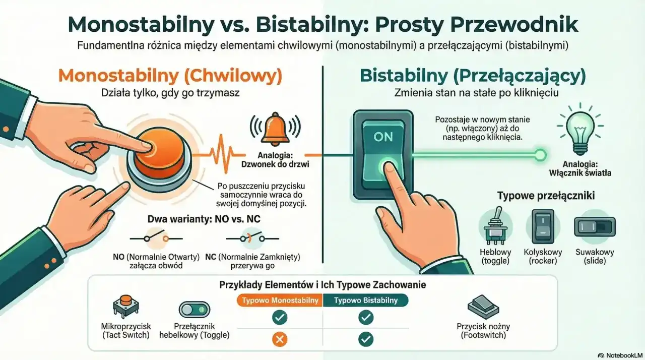 Monostabilny (chwilowy) działa jak dzwonek, bistabilny jak włącznik światła. Różnica między nimi to sposób powrotu do pozycji.