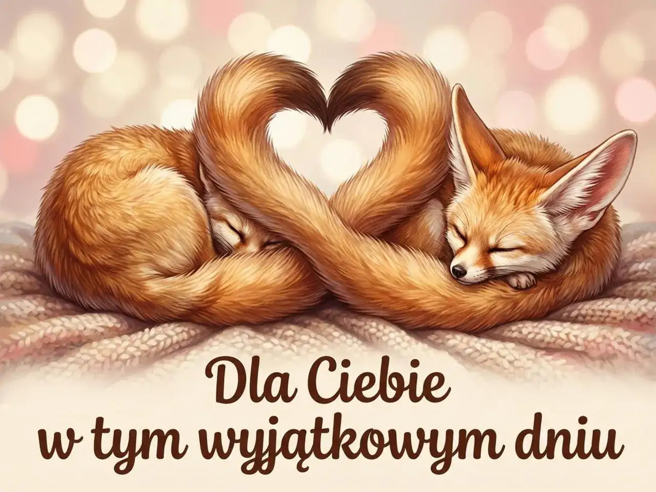 Dwa lisy fenki śpią przytulone, tworząc ogonami serce. To jak krótki wiersz dla przyjaciółki w ten wyjątkowy dzień.