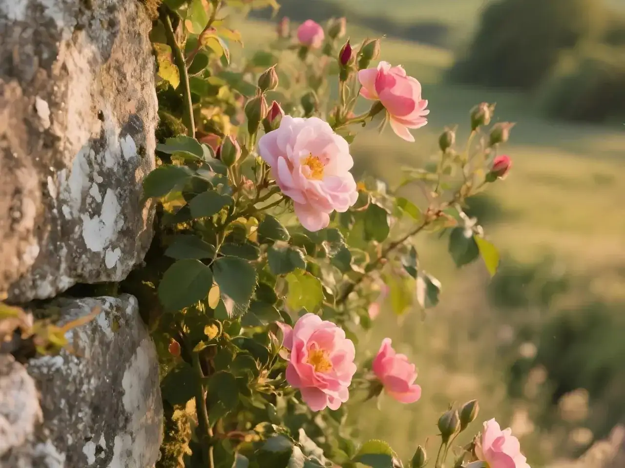 Różowe róże przy kamiennym murze, idealne do inspiracji, jak przerobić zdjęcie, by uzyskać taki efekt.