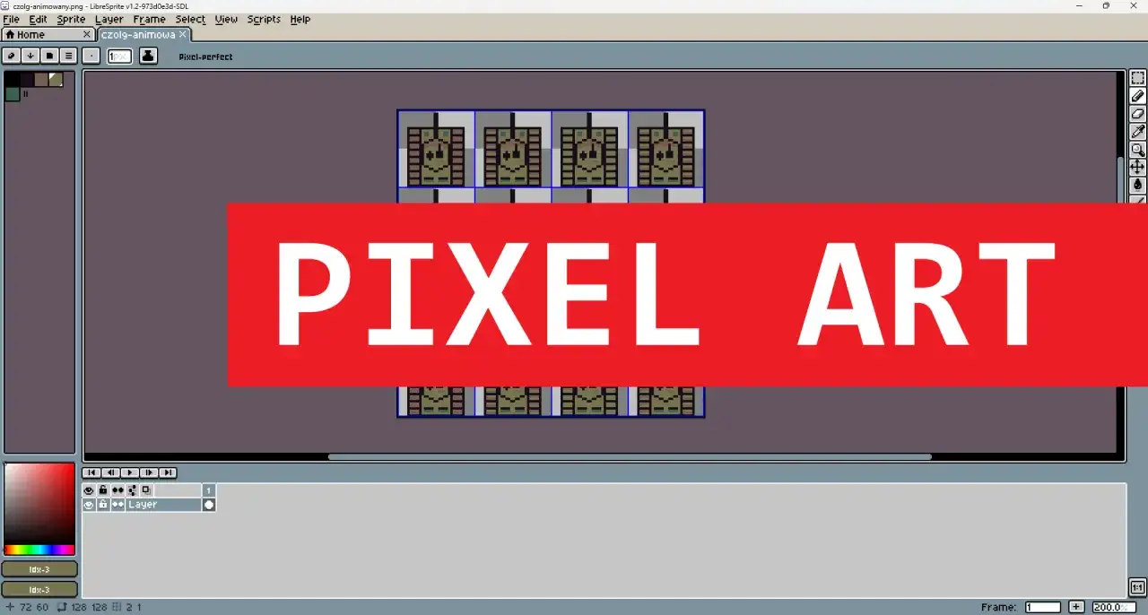 Sprite sheet z animacją pikselowych czołgów. Program do tworzenia pixel art.