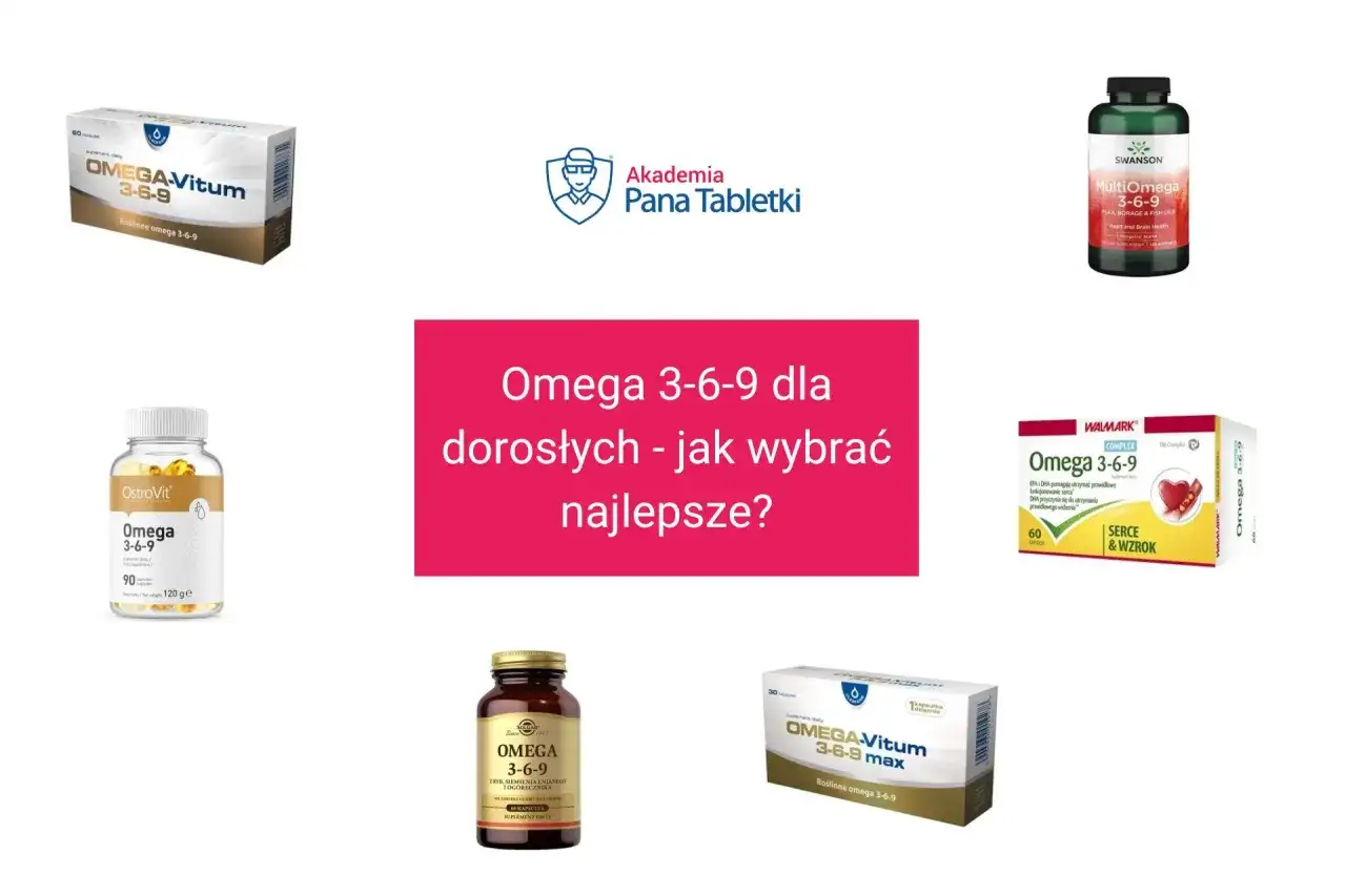 Różne suplementy diety z kwasami omega 3-6-9, w tym OMEGA-Vitum, Swanson MultiOmega, OstroVit Omega 3-6-9, Walmark Omega 3-6-9 i Solgar Omega 3-6-9.