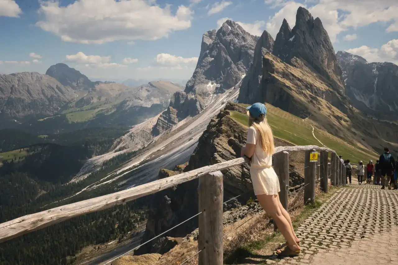 Dziewczyna podziwia spektakularne **dolomity co zobaczyć** – skaliste szczyty i zielone doliny.