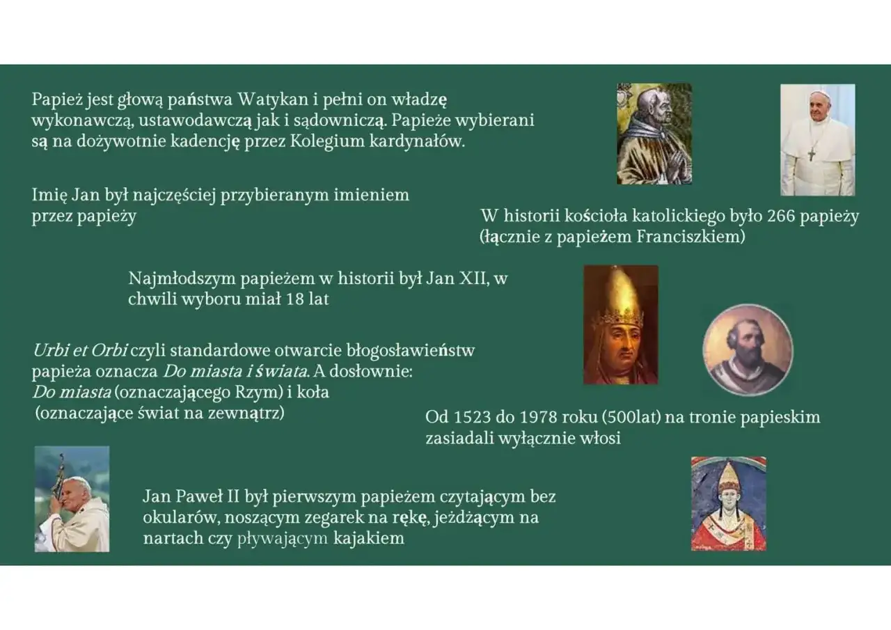 Papież, głowa Watykanu – najmniejszego państwa świata. W historii było 266 papieży, w tym Jan Paweł II.