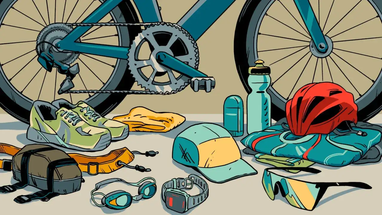 Ready for a triathlon! Cycling shoes, goggles, a helmet, sunglasses, and a water bottle are laid out with a bike.