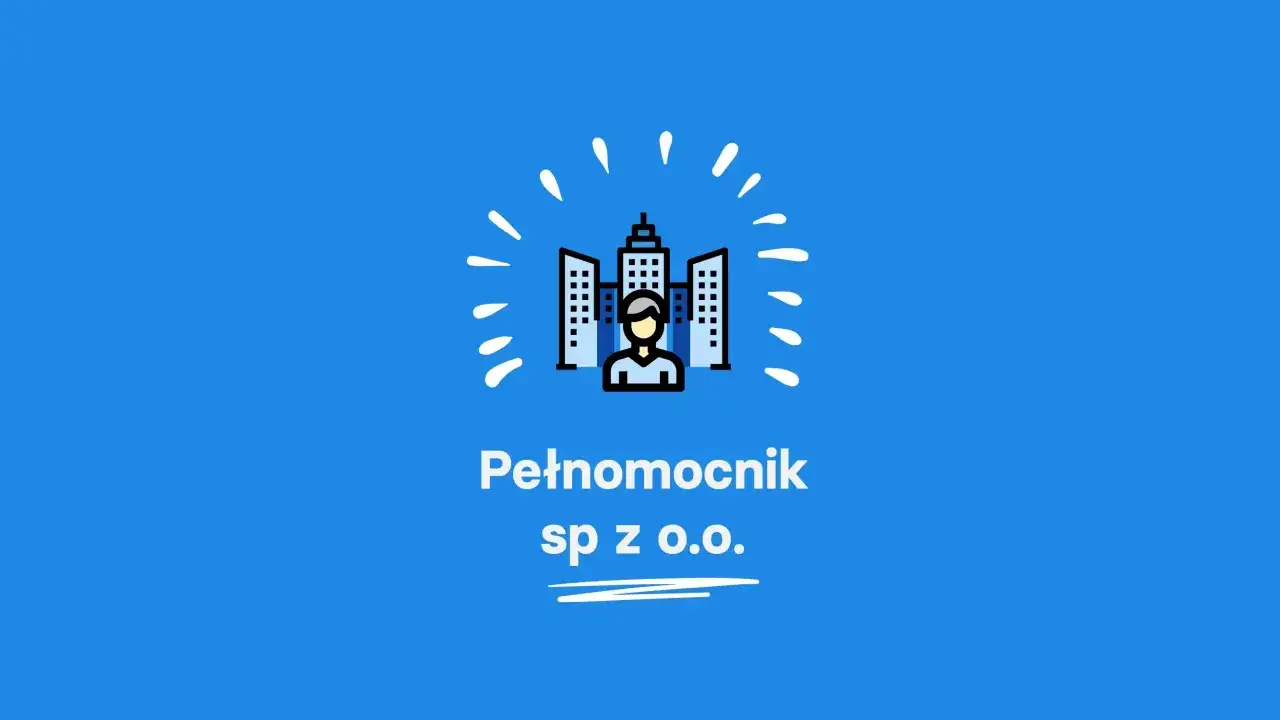 Ikona przedstawia człowieka przed budynkami, symbolizując firmę. Pełnomocnik sp. z o.o. to firma, która reprezentuje interesy innych.