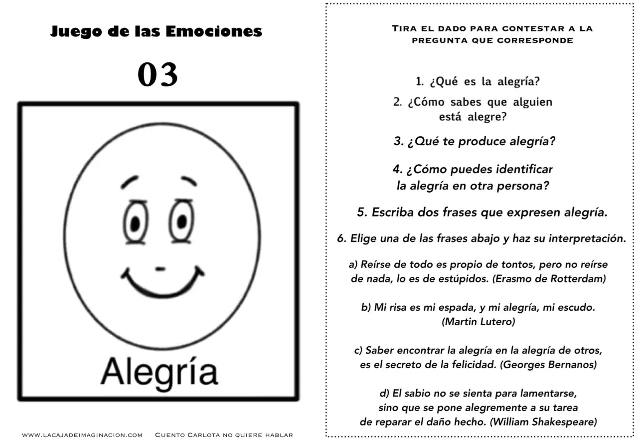 Juego de las Emociones con actividades para trabajar la alegría. Incluye preguntas y citas sobre la emoción.