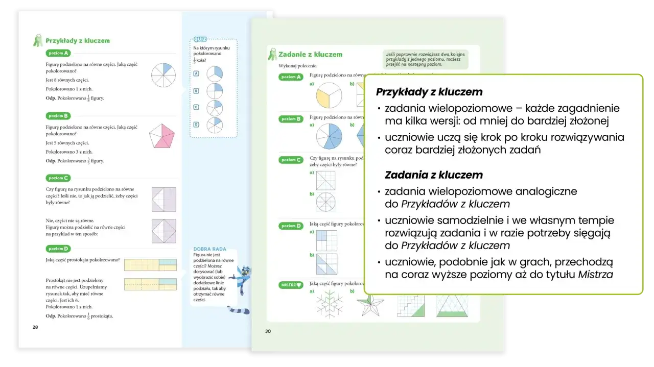 Ilustracja przedstawia strony z podręcznika matematyki z przykładami i zadaniami dotyczącymi ułamków i figur geometrycznych.