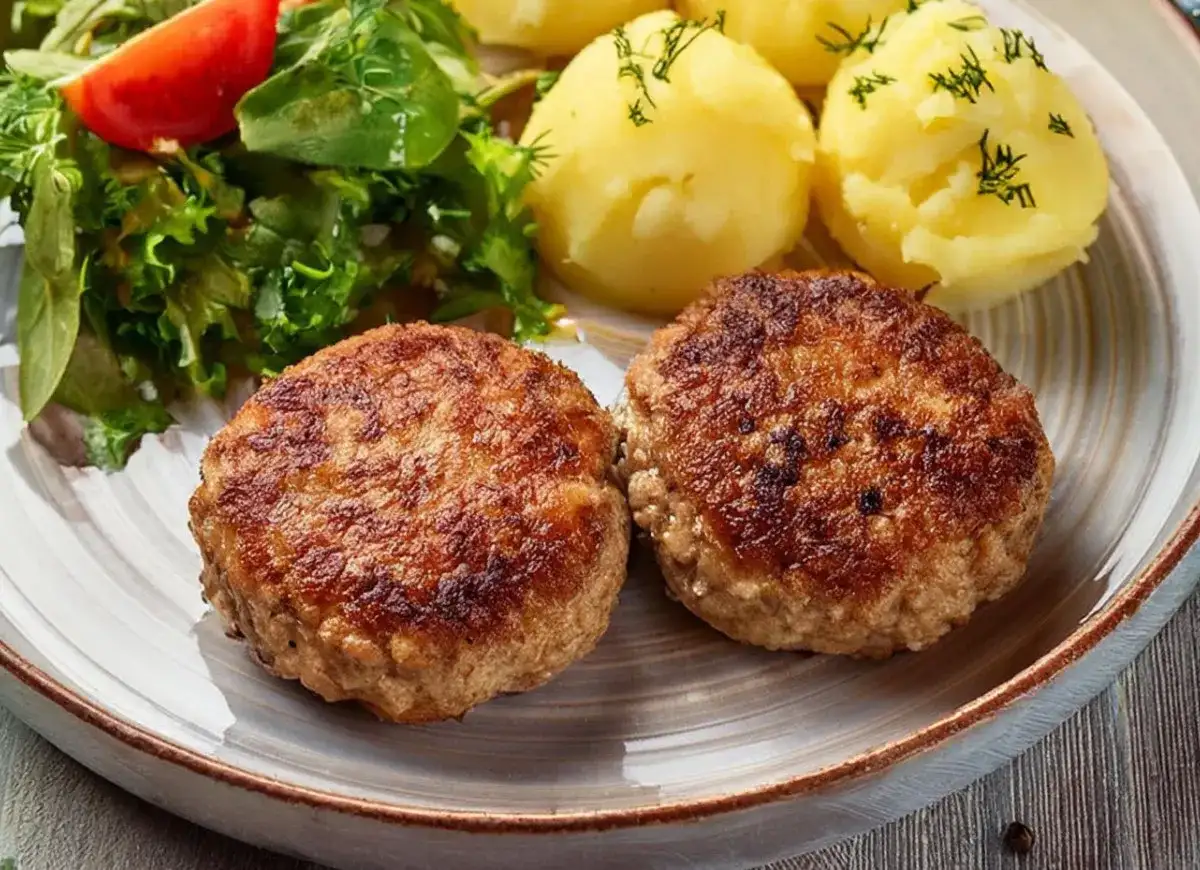 Dwa apetyczne kotlety mielone z airfryer, podane z ziemniakami i świeżą sałatką.