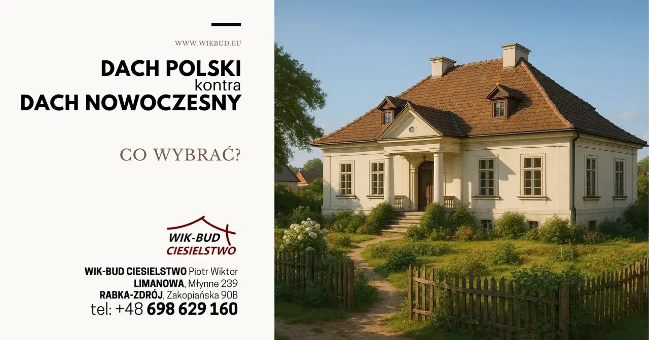 Elegancki dom z tradycyjnym, brązowym dachem. Reklama pyta: "Dach polski kontra dach nowoczesny?".
