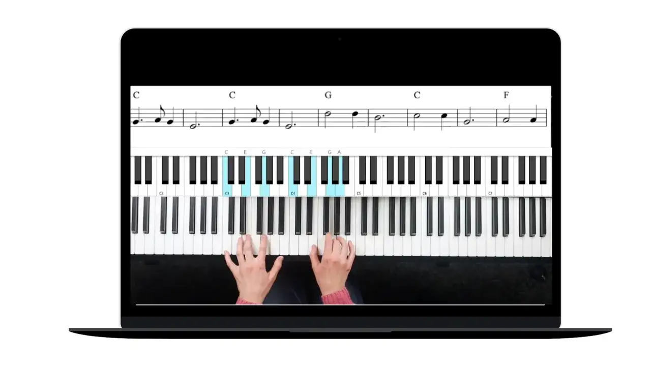Nuty do grania na pianinie wyświetlone na ekranie laptopa. Klawisze pianina podświetlone zgodnie z zapisanymi nutami.