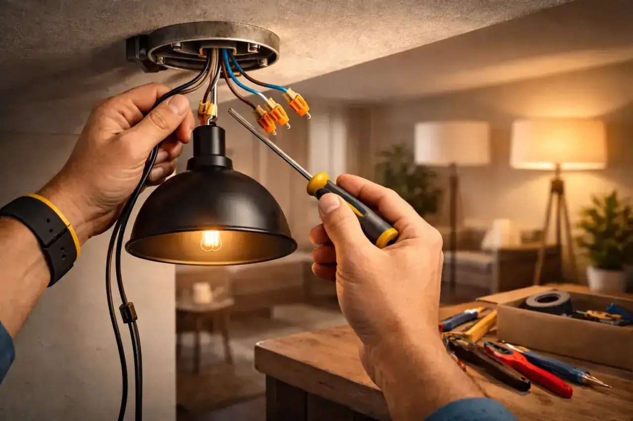 Elektryk montuje lampę, podłączając przewody. Zastanawiasz się, ile lamp na jednym obwodzie można bezpiecznie zainstalować?