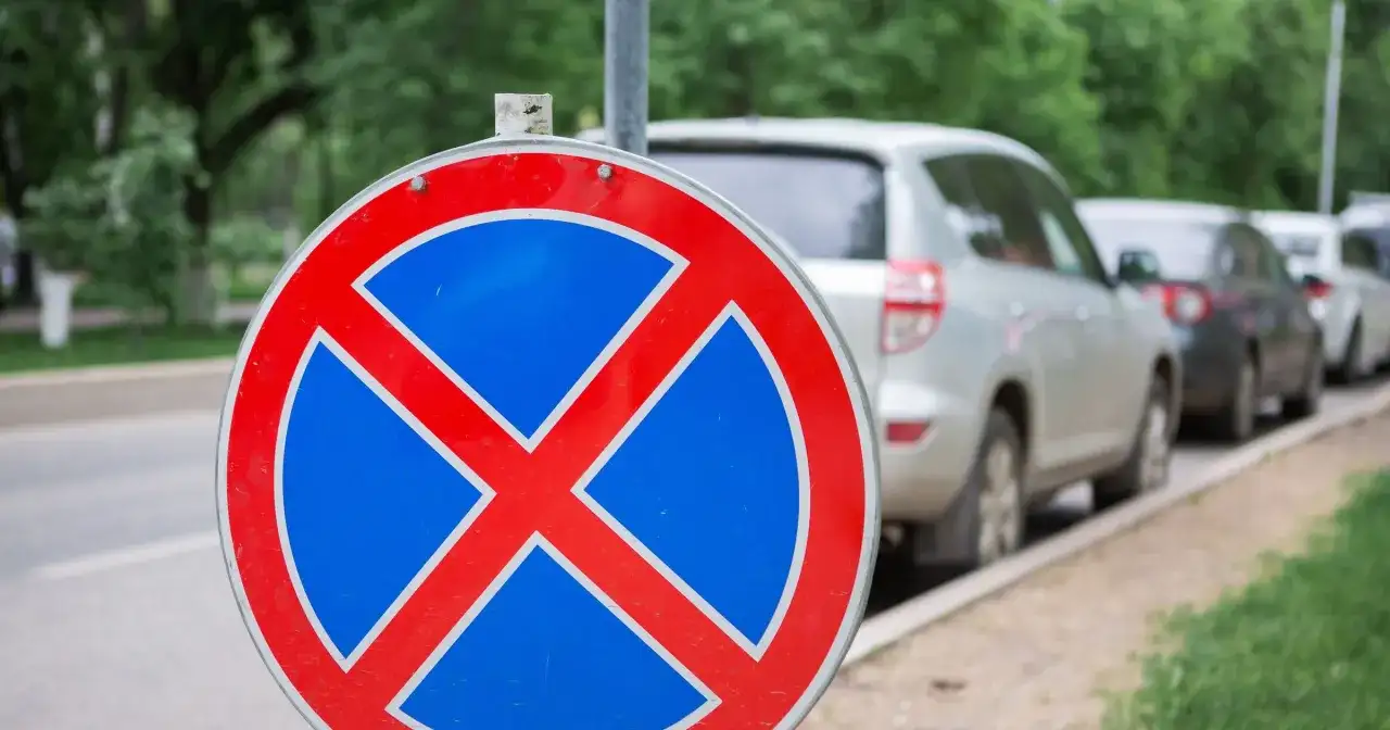 Znak b36 zakazu zatrzymywania się. Samochody stojące w rzędzie na poboczu drogi.
