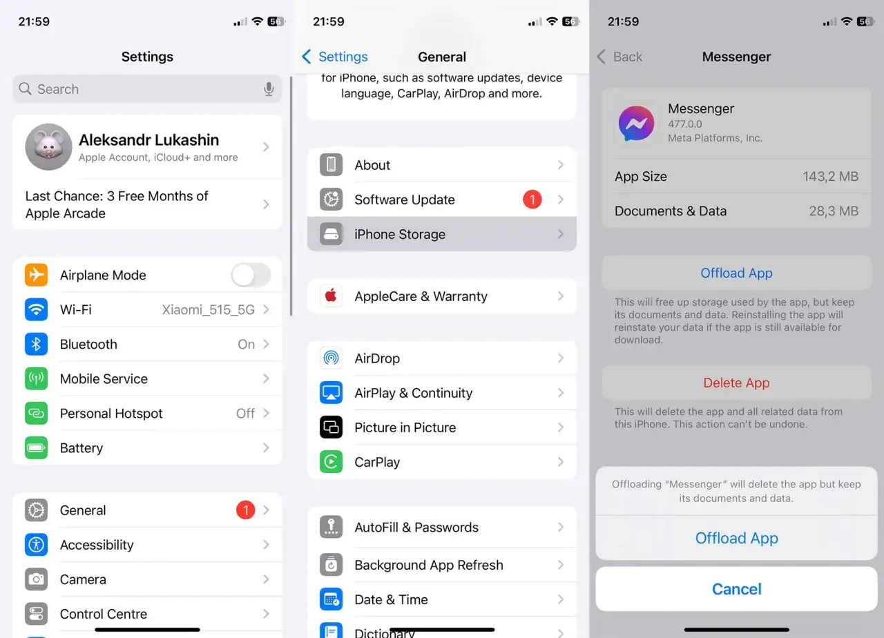 Jak usunąć pamięć z Messengera? Ekran iPhone'a pokazuje opcję "Offload App" (Odciąż aplikację), która usuwa aplikację, ale zachowuje dane.