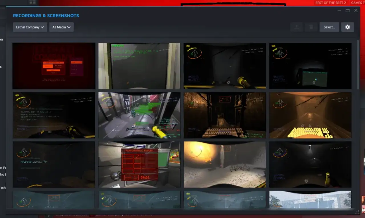 Miniaturki zrzutów ekranu z gry Lethal Company, widok okna Steam.