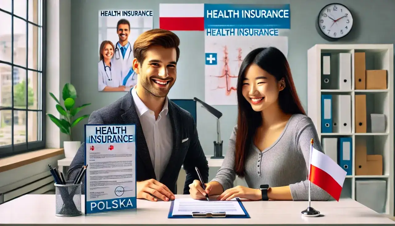 Uśmiechnięci ludzie podpisują dokument "HEALTH INSURANCE POLSKA". Dowiedz się, jak sprawdzić czy jest się ubezpieczonym.
