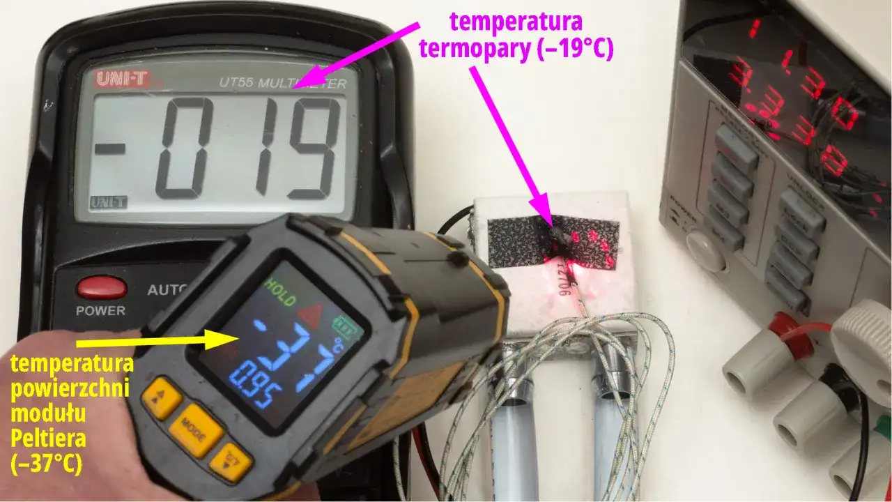 Pomiar temperatury modułu Peltiera: termopara -19°C, powierzchnia modułu -37°C.