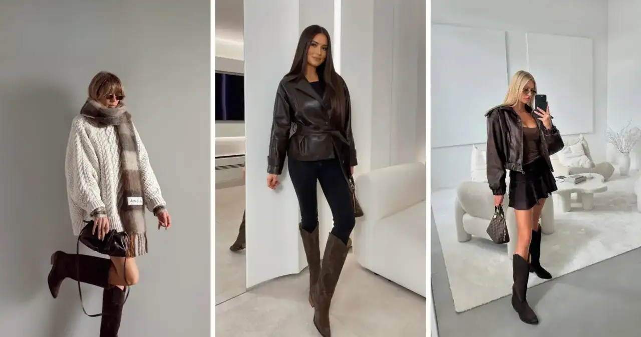 Brązowe kozaki stylizacje: sweter oversize, skórzana kurtka i krótka spódniczka.