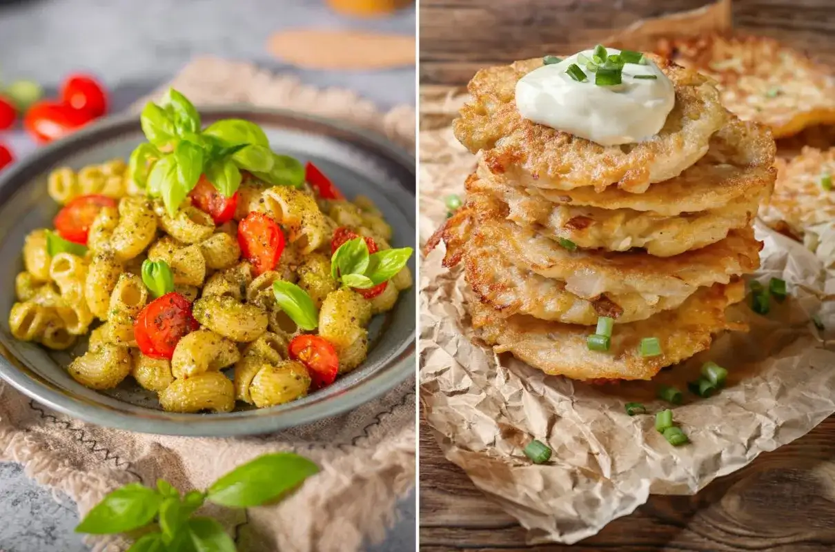 Szybki obiad z niczego: makaron z pesto i pomidorkami oraz stos placków ziemniaczanych ze śmietaną i szczypiorkiem.