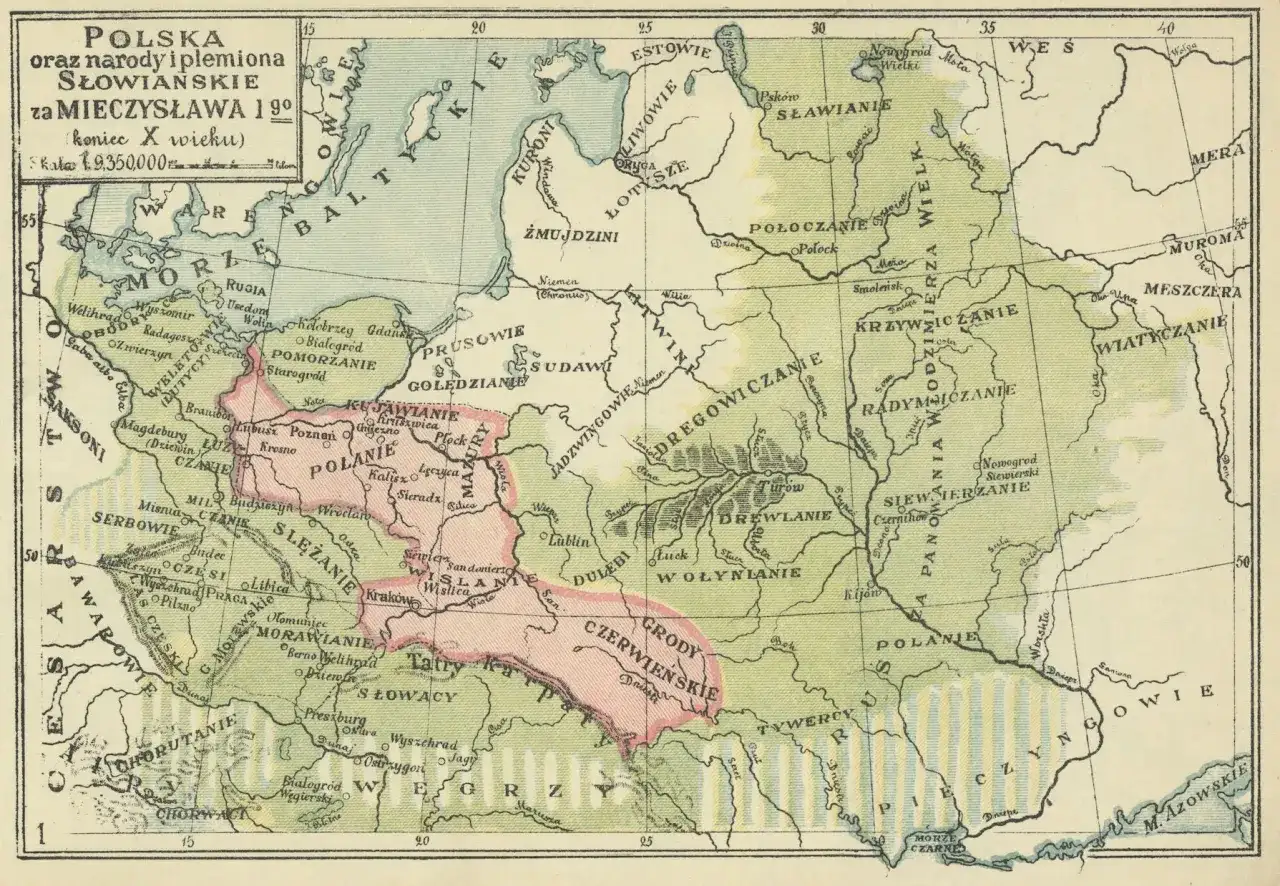 Mapa z X wieku: Polska i Słowianie za Mieszka I. Widać tu ziemie Polan, Mazowszan, Ślężan, Czechów, Morawian, Słowaków, Węgrów, a także inne plemiona.