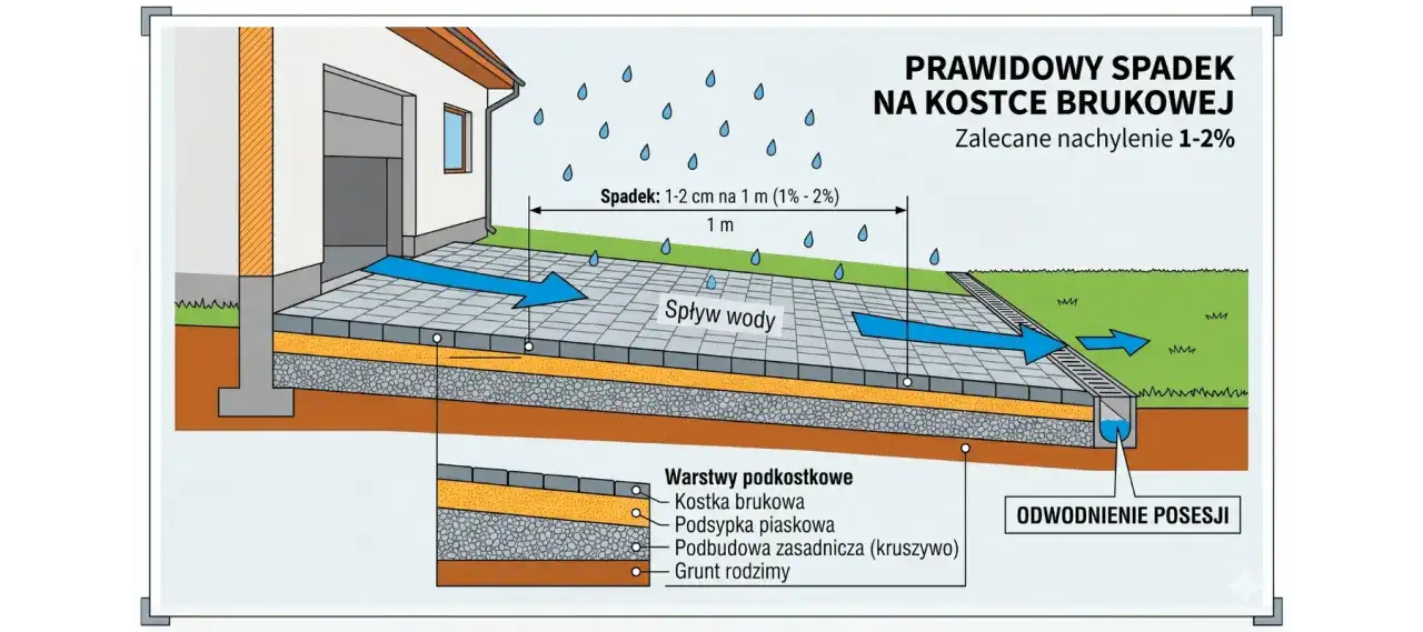 Prawidłowy spadek na kostce brukowej zapewnia odpływ wody. Zalecane nachylenie 1-2 cm na 1 metr.