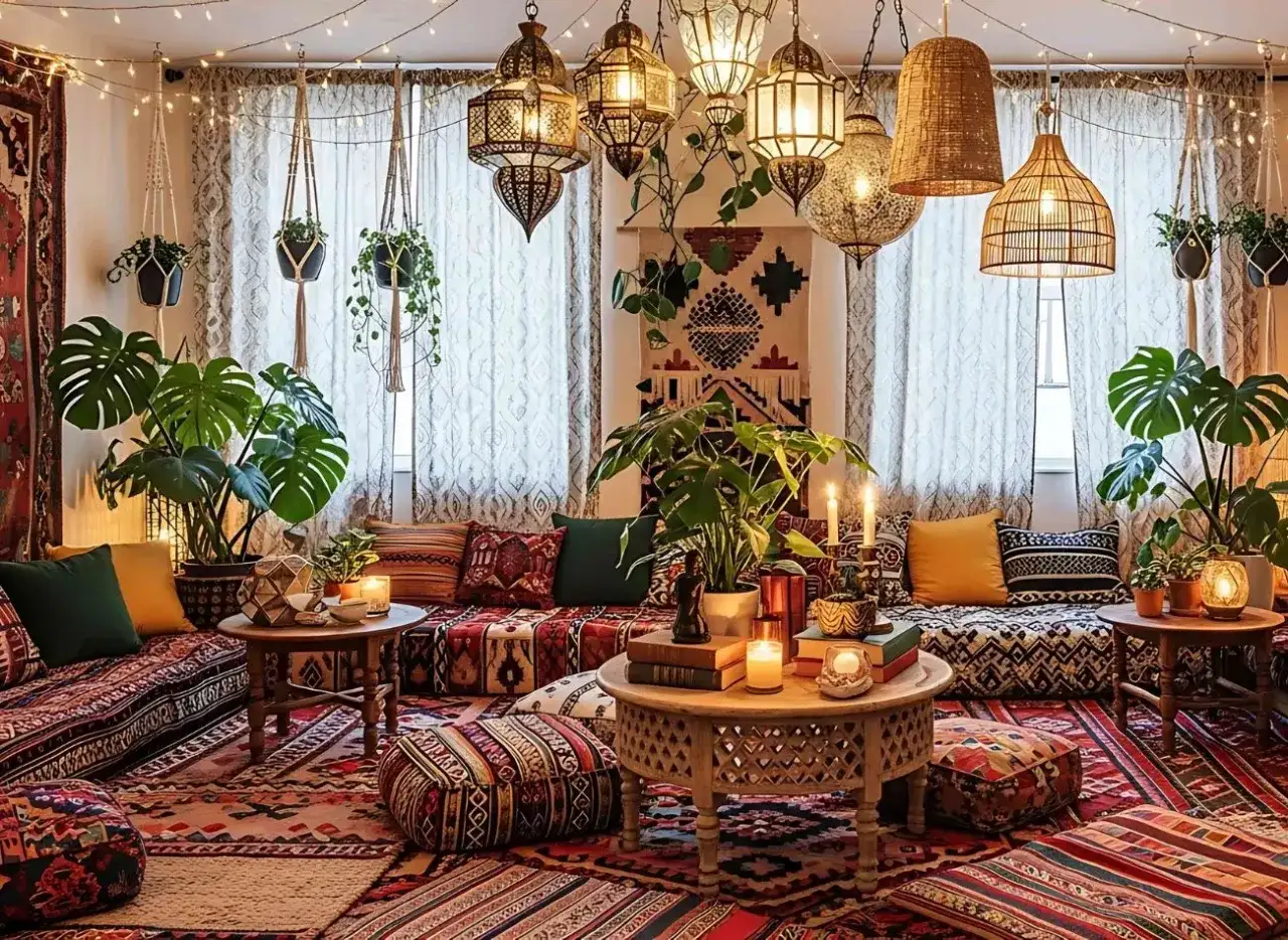 Przytulny salon w stylu etno, pełen roślin, dywanów i orientalnych lamp.