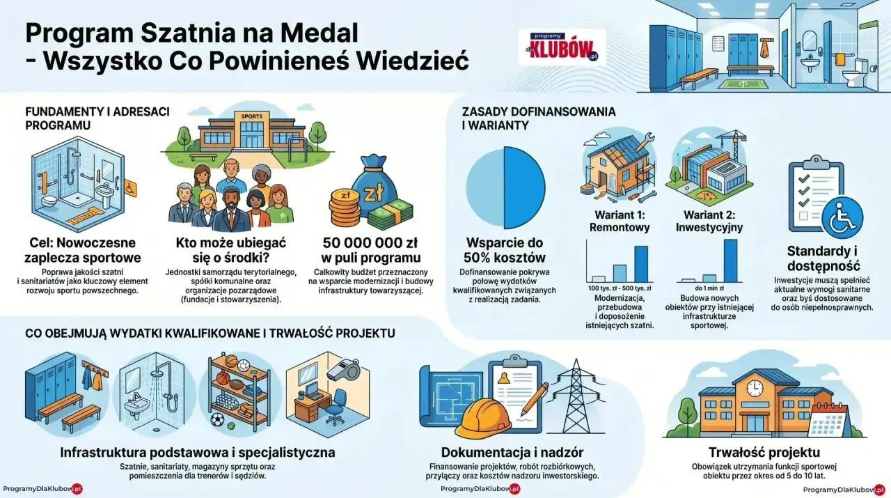 Ilustracja przedstawia nowoczesną szatnię sportową, grupę ludzi, worek z pieniędzmi i budynek.