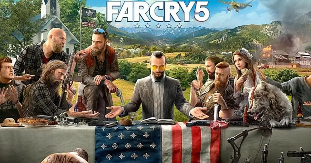Rodzina Seedów przy stole, z bronią i wilkiem. Sprawdź far cry 5 wymagania, by zagrać w tę grę.