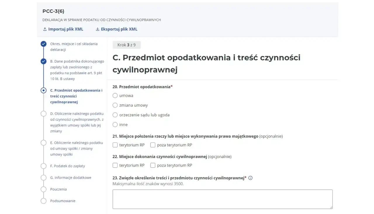 Formularz PCC-3(6) - C. Przedmiot opodatkowania i treść czynności cywilnoprawnej. Wybór typu czynności: umowa, zmiana umowy, orzeczenie sądu lub ugoda, inne.